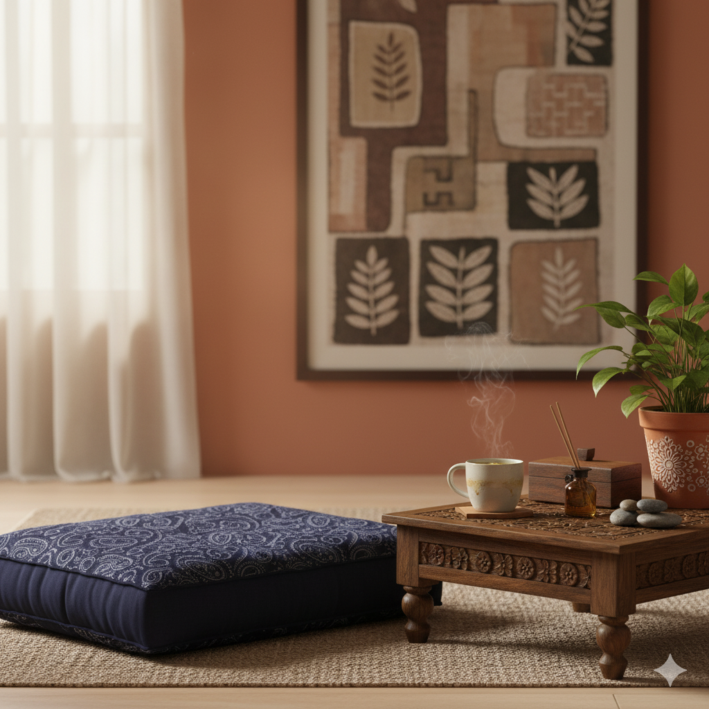 A cozy Indian-inspired reading nook next to a rain-streaked window, featuring a low wooden stool with a steaming cup of chai, a book, and a bowl of flower petals.