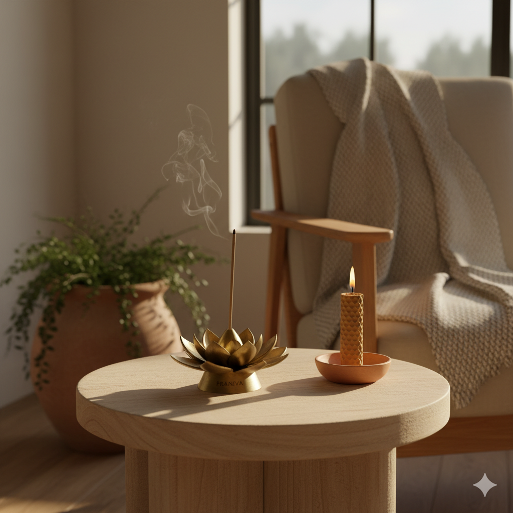 A calm corner in a modern home featuring a brass incense holder and a lit candle, illustrating Vastu-inspired principles for a sanctuary space.
