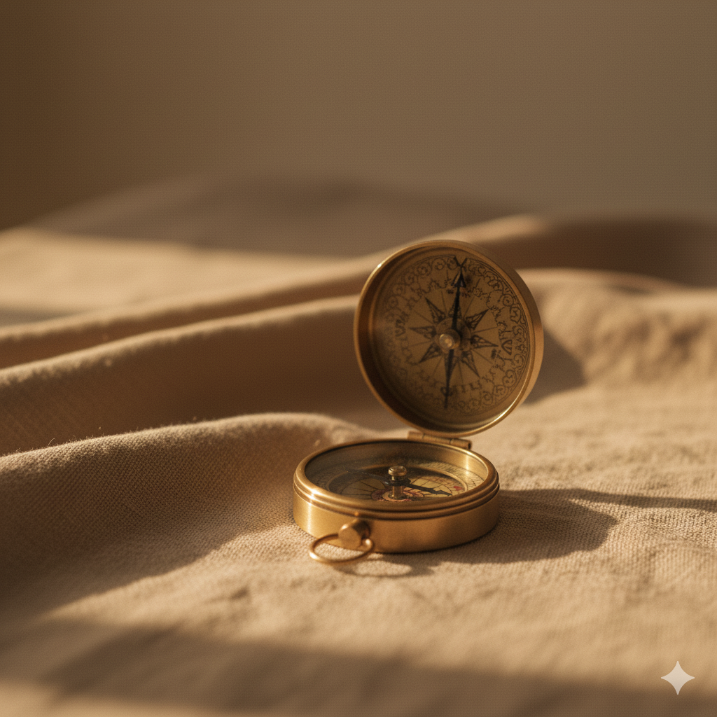 An antique brass compass pointing north on a calm, textured linen surface, symbolizing the concept of finding one's personal Dharma.